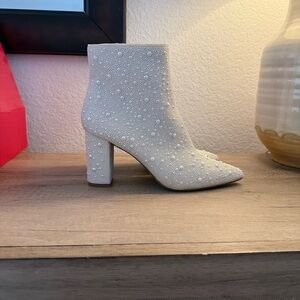 Betsey Johnson Pearl-Embellished Cream Ankle Boots